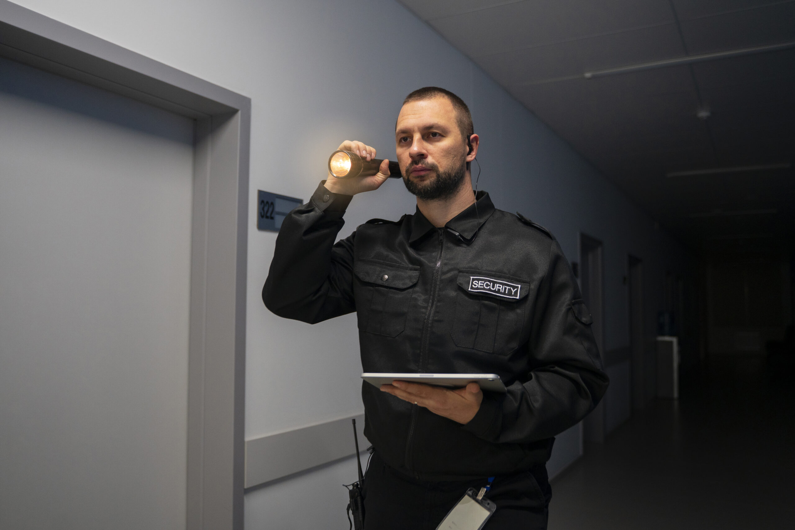 Milguard officer with torch on night patrol